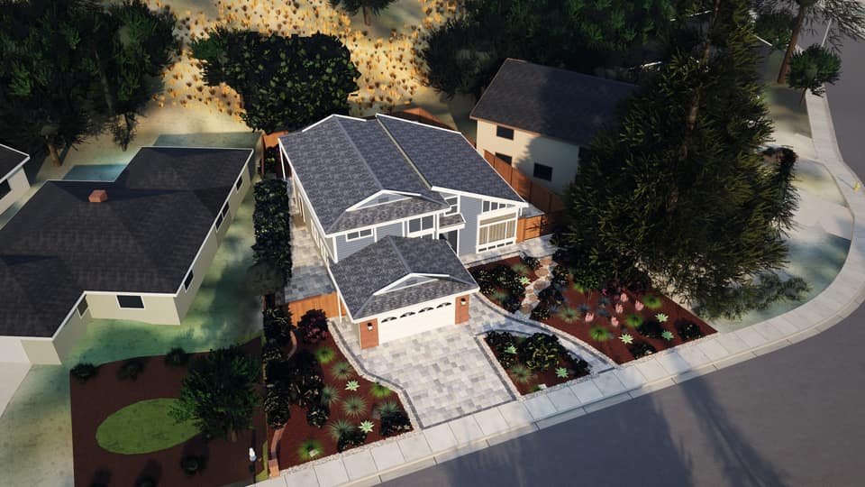 3D model of the real project from the same drone view, built from its planting plan.