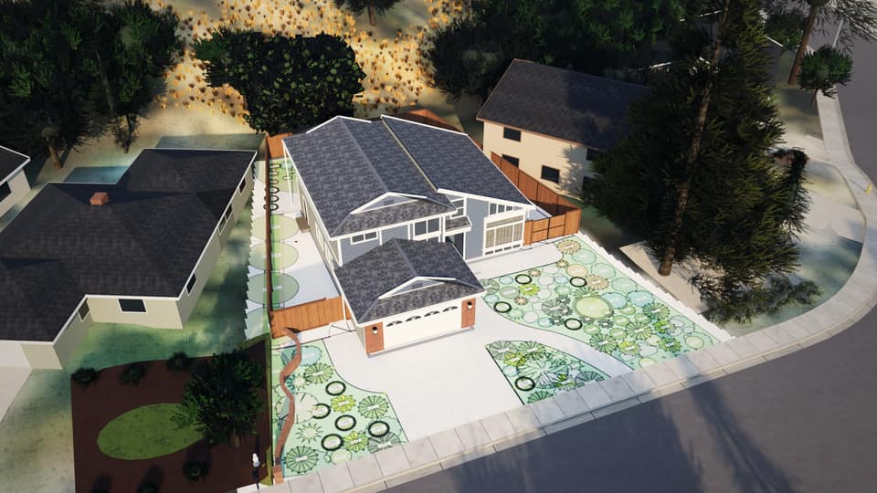 The real project's planting plan laid on the ground of its front and side yards, seen from above the street.